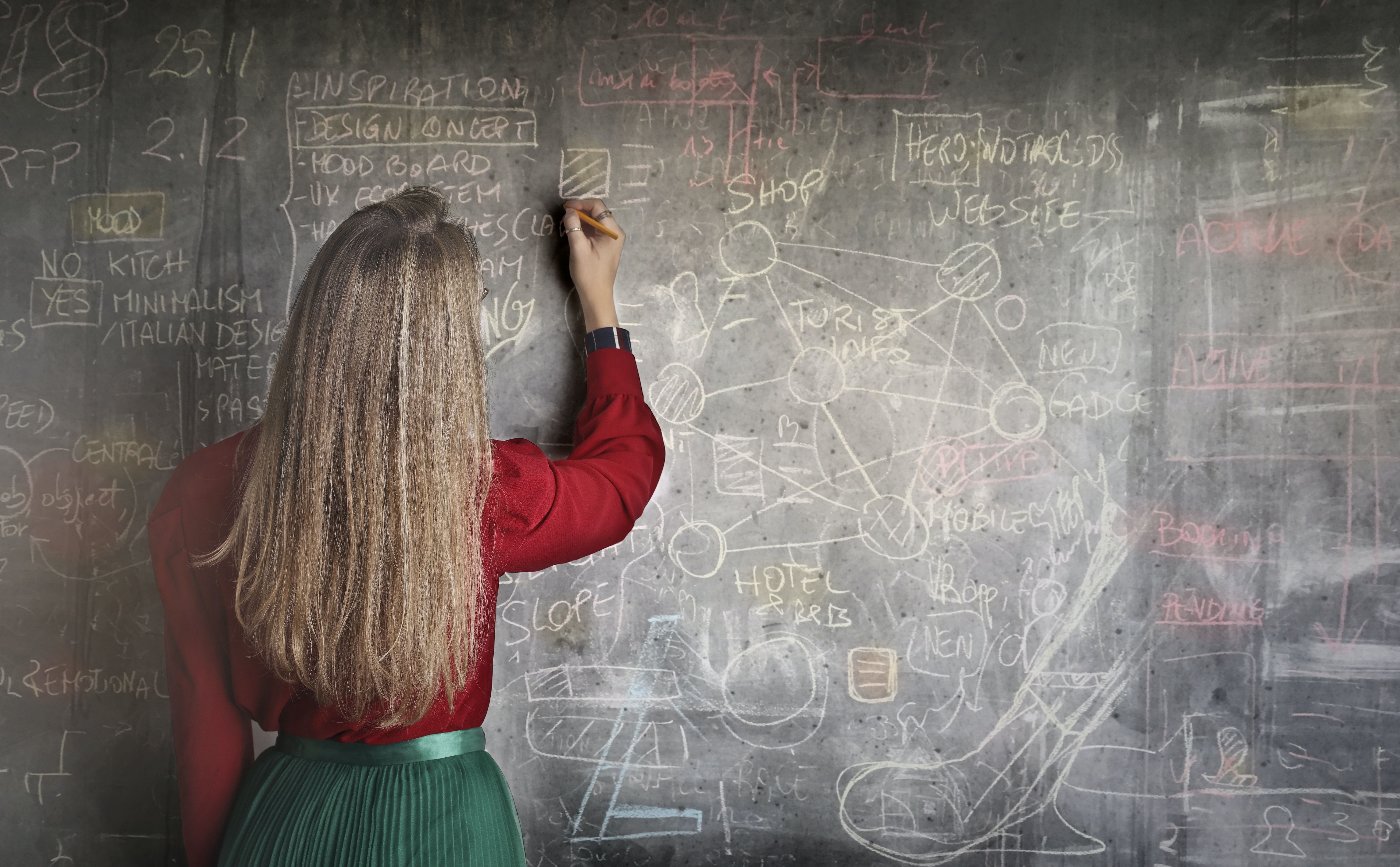 Blonde woman writes a math equation puzzle on chalkboard