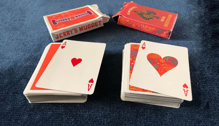  An Ace of Hearts playing card from the Dapper Deck by Vanishing Inc and an Ace of Hearts from Jerry's Nugget Playing Cards perfectly match after a performance of the beginner magic trick Do As I Do.