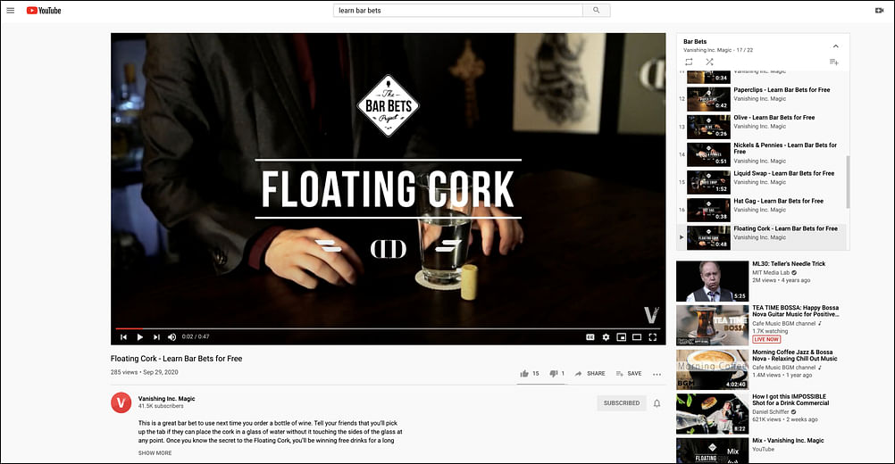 Vanishing Inc. YouTube Playist filled with tutorials for learning free bar bets and bar scams