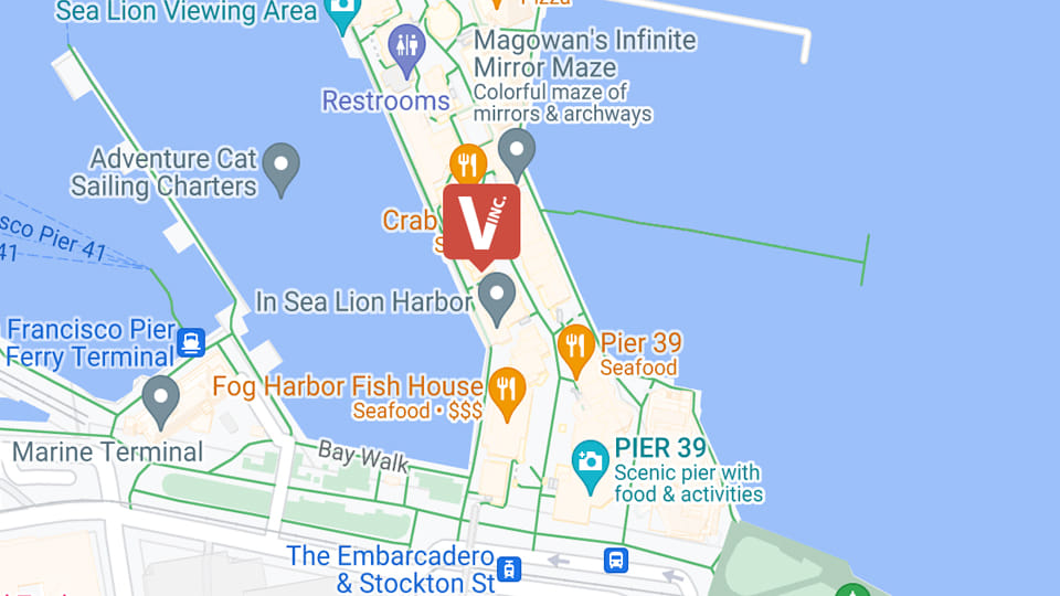 Map showing location of Vanishing Inc. Magic Shop at Pier 39, San Francisco